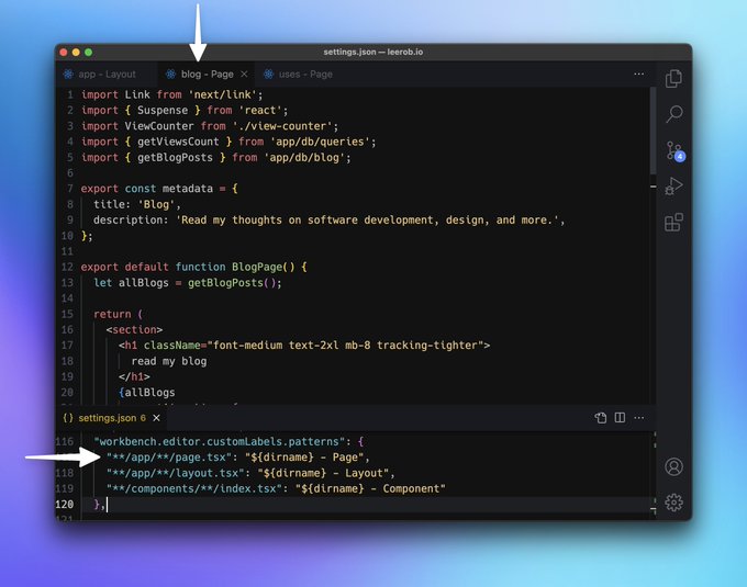 Screenshot of the VS Code editor, showing the settings file open with customLabels defined for layouts and pages, and an open page file showing "Blog - Page" instead of "page.tsx"