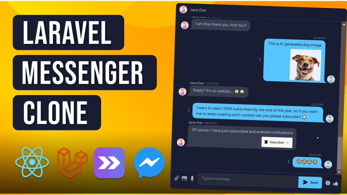 PovilasKorop's tweet photo. A new massive 12-hour long YouTube tutorial by @thecodeholic!

Laravel 11 &amp; React Messenger Clone - Build and Deploy https://t.co/WJ9ZHSpXu1 https://t.co/3iqmWXj9Oc