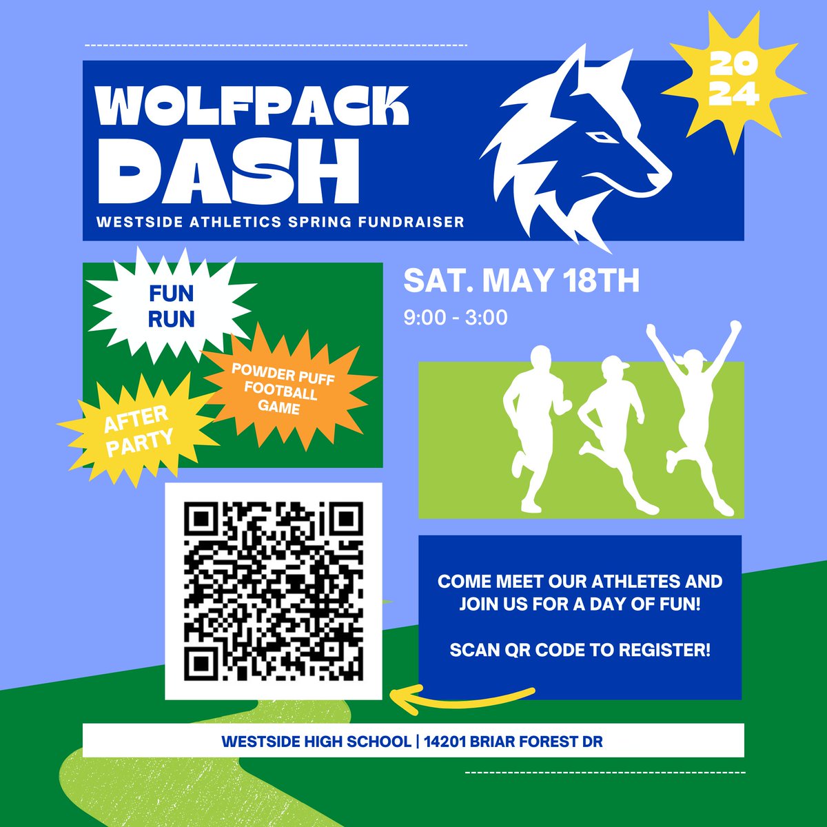 Westside Athletics hosting a Spring Day Event! THE WOLFPACK DASH! 
3 mile Fun Run/Walk
After party in the Quad (Games/music/food/fun)
Powder Puff Game in the afternoon

If you can't make it but would like to help, please purchase tickets! Thank you! Wolf Up!