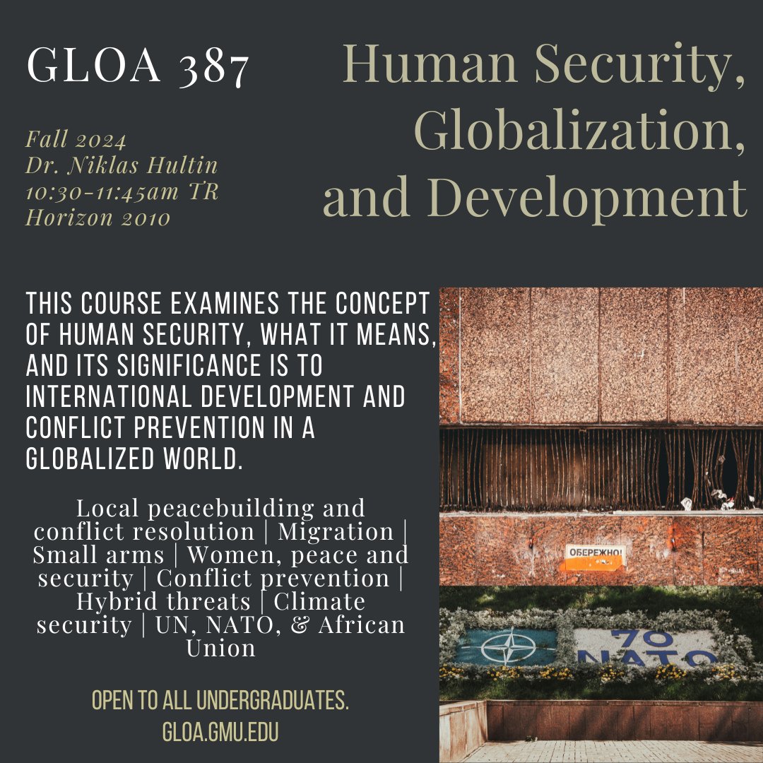 New Course! GLOA 387: Human Security, Globalization, and Development. Fall 2024 with Dr. Niklas Hultin. Open to all undergraduate students.