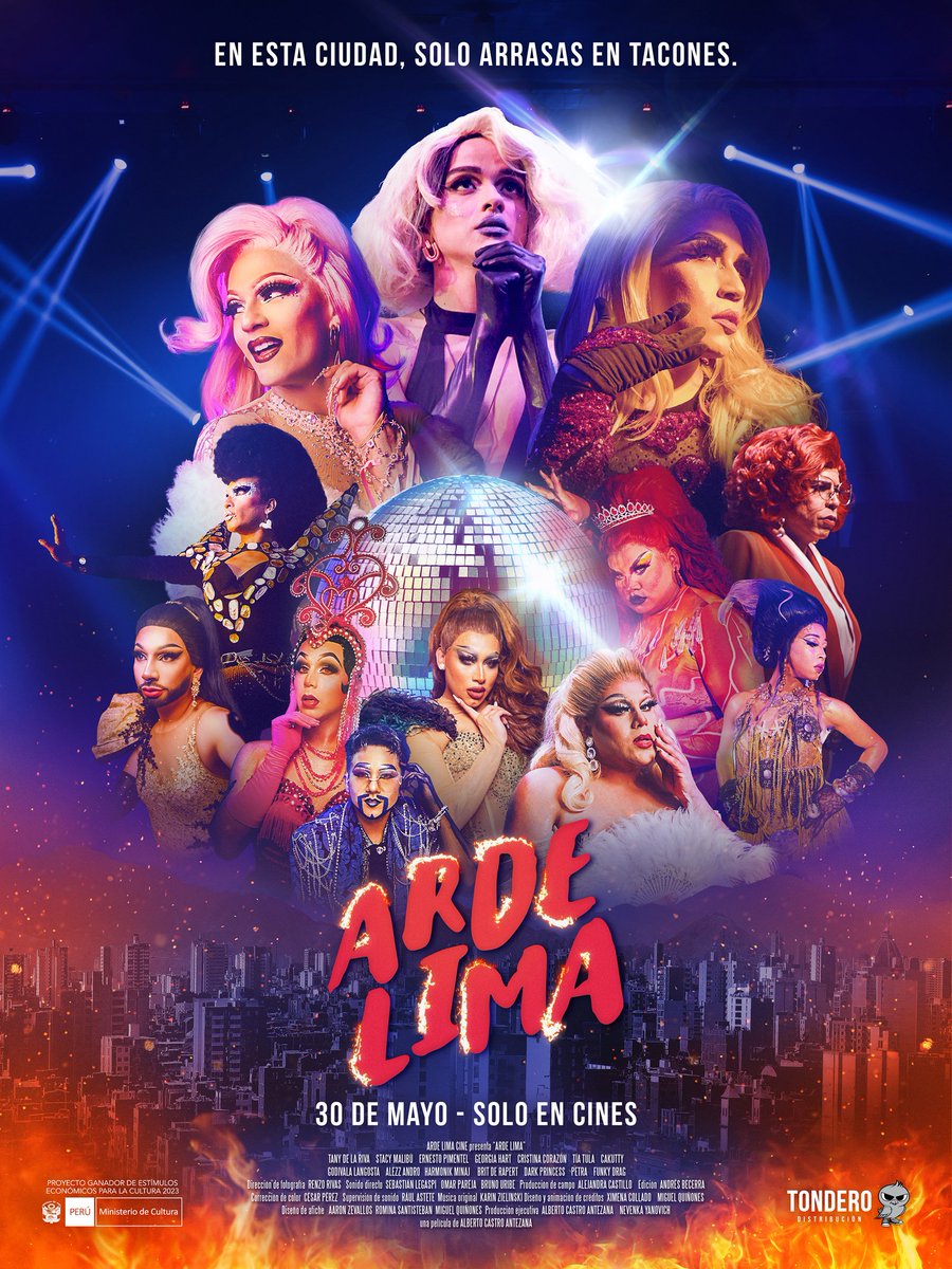 El arte drag enciende en llamas el afiche oficial de #ArdeLima 🔥✨️🎬 Estrenamos en cines el 30 de mayo. Llenemos las salas de brillos, lentejuelas y orgullo 🏳️‍🌈👑