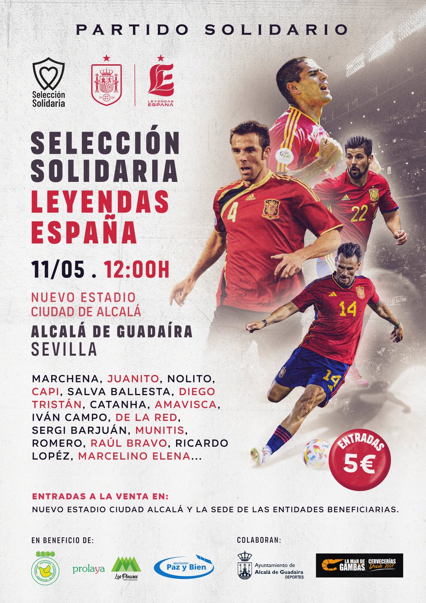 🔜⚽️ ¡El 11 de mayo juega #LeyendasEspaña! 
Lo harán, con campeones del Mundo y de Europa, para ayudar a las personas con discapacidad intelectual.

🗓️11 mayo 12 h
🏟️Nuevo Estadio Ciudad de Alcalá (Alcalá de Guadaíra-Sevilla)
🎟️5 € (estadio y ONGs beneficiarias)

#SomosEspaña 🇪🇸