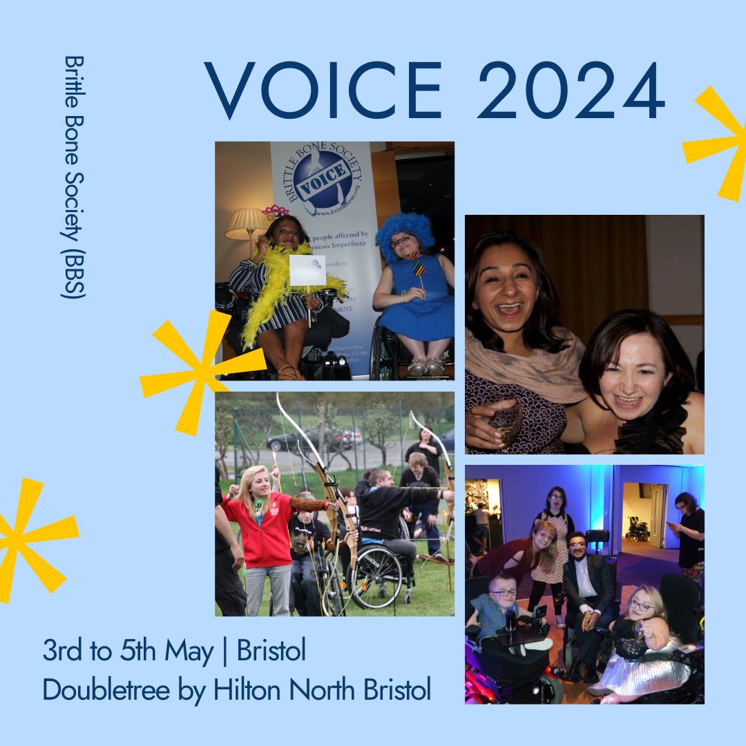 Less than a week until our VOICE Youth Event, a fun gathering for young people with OI! Join us in Bristol from the 3rd to 5th May for an entertaining experience for 18–35 year olds. Don't miss this opportunity to connect, learn, & grow. Sign up here: brittlebone.org/events/voice-y… 💙✨