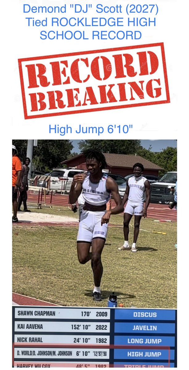 Congrats to freshman @DemondScott9 for tying the School Record in the high at 6'10''and winning Gold at last week's conference meet! @TRONE2 @KennethCarter3_ @keyoncarter_ @FreemanAmari_ @free_aaron10 @RockXCoach @rockledge_xc
