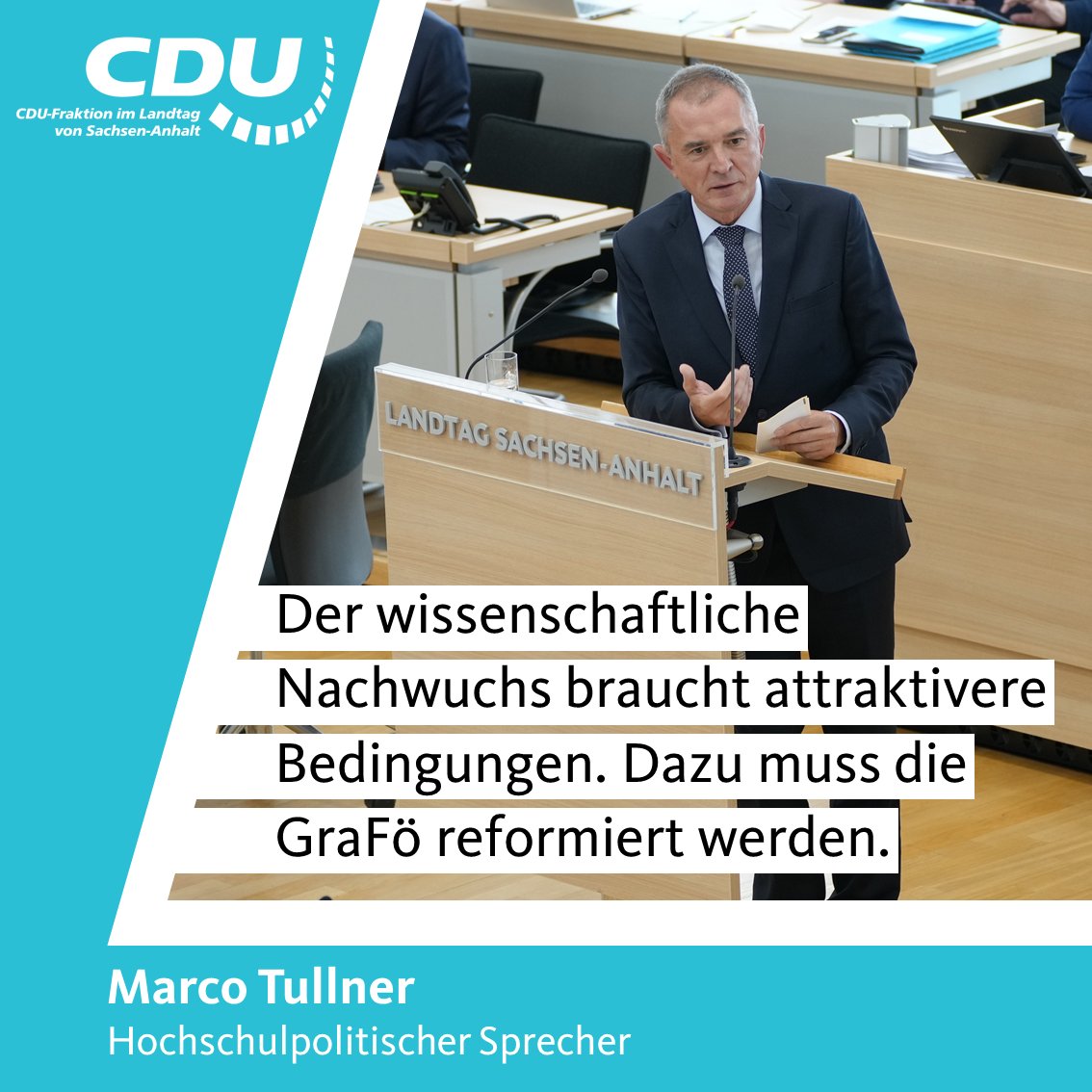 Im Landtag von Sachsen-Anhalt macht der hochschulpolitische Sprecher, @MarcoTullner deutlich: „Der wissenschaftliche Nachwuchs braucht attraktivere Bedingungen. Dazu muss die #Graduiertenförderung reformiert werden.“