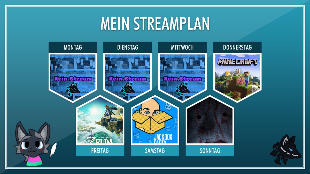 SpikeyDerFuchs's tweet photo. Hier ist der aktuelle Streamplan der Woche. beginnend heute mit #SuperAnimalRoyale und danach geht es nach langem mal bei @/FoxcraftProject weiter.

Wie immer genaue Infos und kurzfristige Änderungen im https://t.co/2G3fRKKAwt.

#Twitch #Streamplan #schedule #furry #gaming https://t.co/hCx5upEZ7H
