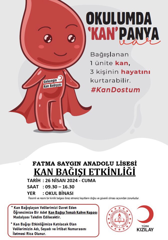 Geleneksel hale gelmiş olan Kan Kampanyamıza tüm halkımız davetlidir…
Güzel Ülkemiz için Kanımız Feda❤️🇹🇷🇹🇷

26 Nisan Cuma
09.00-16.00 arası
Okulumuzun bahçesinde…

Güzel Ülkemiz için mücadeleye devam❤️🇹🇷🇹🇷