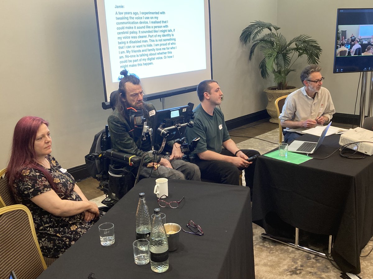 We're having wonderful discussions on the first day of our @itdfproject conference. Here, Jamie Preece, Emma Sullivan, Fin Tams-Gray and Graham Pullin present their research on making and owning voices in augmentative and alternative communication. #MedicalHumanities #Disability