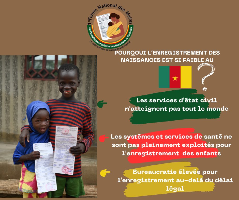 #PourChaqueEnfant, une identité légale
Le forum des maires sur l'enregistrement des naissances s'ouvre demain à Yaoundé. Plus de 700 experts et participants y sont attendus pour réfléchir sur des pistes d'accélération du taux d'enregistrement des naissances au 🇨🇲.
#UNICEF