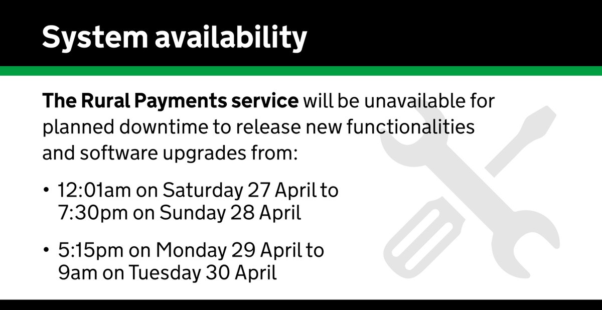 IMPORTANT: The Rural Payments service will be unavailable for planned downtime to release new functionalities and software upgrades from: 12:01am on Saturday 27 April to 7:30pm on Sunday 28 April 5:15pm on Monday 29 April to 9am on Tuesday 30 April