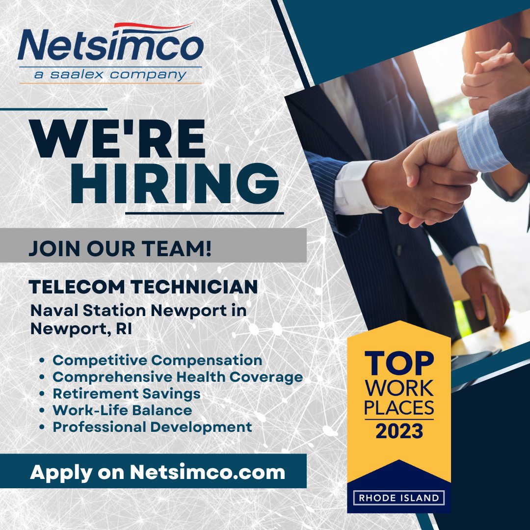 Netsimco has an excellent opportunity for a Telecom Technician to provide support to Naval Station Newport in Newport, RI. Apply now! #TelecomTechnician #NavalStationNewport #TelecomJobs #TechSupport #militaryjobs #VeteransEmployment
ow.ly/6m6750RlRgH