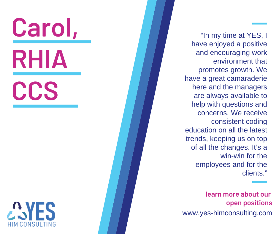 Positive work environment, growth opportunities, and top-notch training ... that's the YES difference! See why our employees love working here: ow.ly/9SMK50Ro5N1

#YESHIMConsulting #HIMcareers #JobOpenings #NowHiring #MedicalCodingCareers #InpatientCoder #MedicalCoder