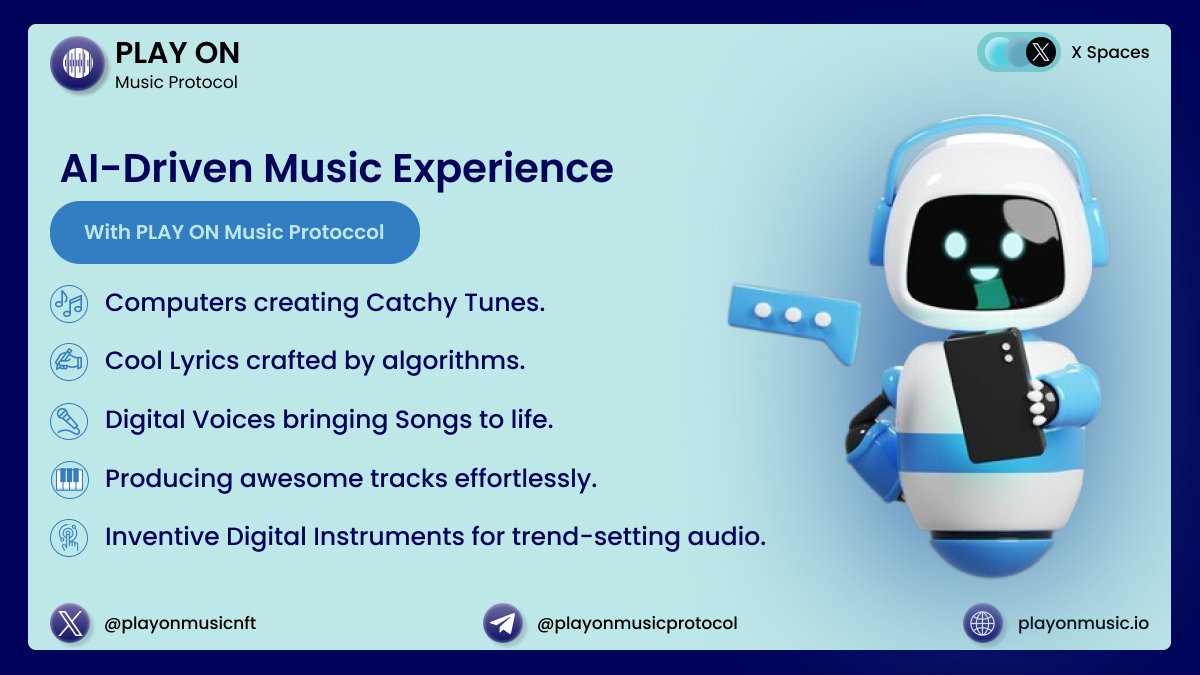 PlayOnMusicNft's tweet photo. Step into the future of music with PLAY ON Music Protocol! 🚀🎶 Experience the magic of AI-driven music creation. 🤖🎤✨

#nft #musicnft #playonmusicprotocol #binance📷 #web3music #web3 #nft #nftmusic #nftsongs #blockchain https://t.co/29HwSSmaJl