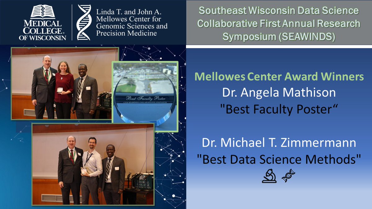 Congratulations to @MathisonAngie and @MTZimmermann , recognized at the @CTSIWI Southeast Wisconsin Data Science Collaborative First Annual Research Symposium! Your dedication to advancing #DataScience #Research is inspiring. 🏆 #AwardWinners @MedicalCollege @precision_ru