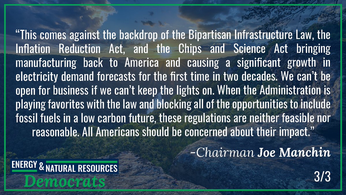 Today, Chairman @Sen_JoeManchin, released the following statement on the @EPA’s newly finalized rules regarding U.S. power plants.