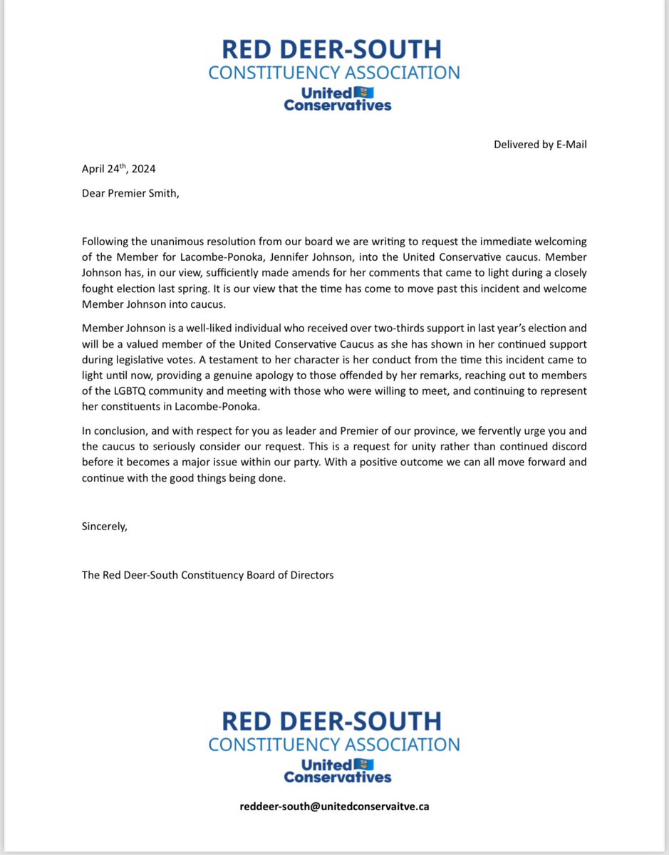 From the DM’s… Not content with a by-election win, Jason Stephan’s constituency of Red Deer South has written to Smith advocating for the return of Jennifer “Trans kids are like poo in cookies” Johnson to caucus and government. #abpoli #ableg #cdnpoli