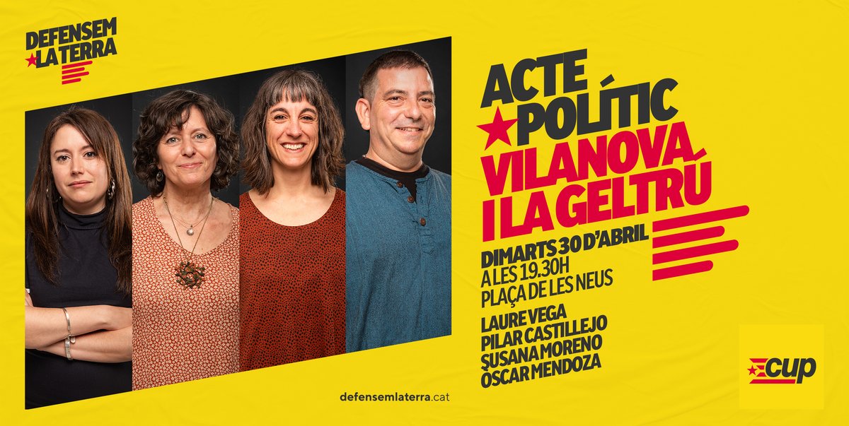 📢ACTE POLÍTIC | Què volem dir amb defensar la terra? Quatre candidates al Parlament (i companyes de trinxera) ens ho explicaran aquest proper dimarts a #VilanovailaGeltrú. No hi podeu faltar!

📍Plaça de les Neus
📅Dimarts 30, 19.30h