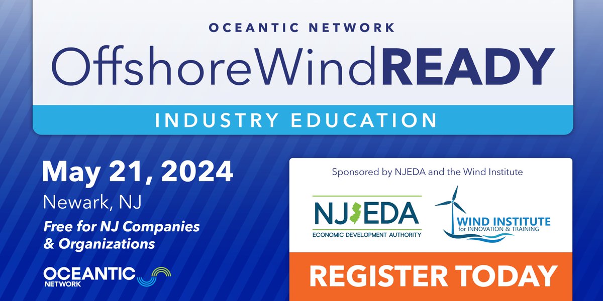 The NJEDA is partnering with @oceanticnetwork for Offshore Wind Ready, an educational program in Newark for businesses to learn more about opportunities in @NJGov's offshore wind industry. Free for NJ companies! Register here: eventbrite.com/e/offshore-win…