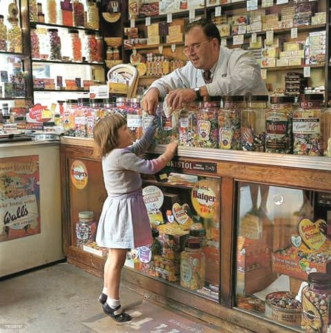 In those distant days when thrupence could get you a couple of ounces of pear drops at the sweet shop, with those great big jars of sweets just waiting on the counter for you to buy.