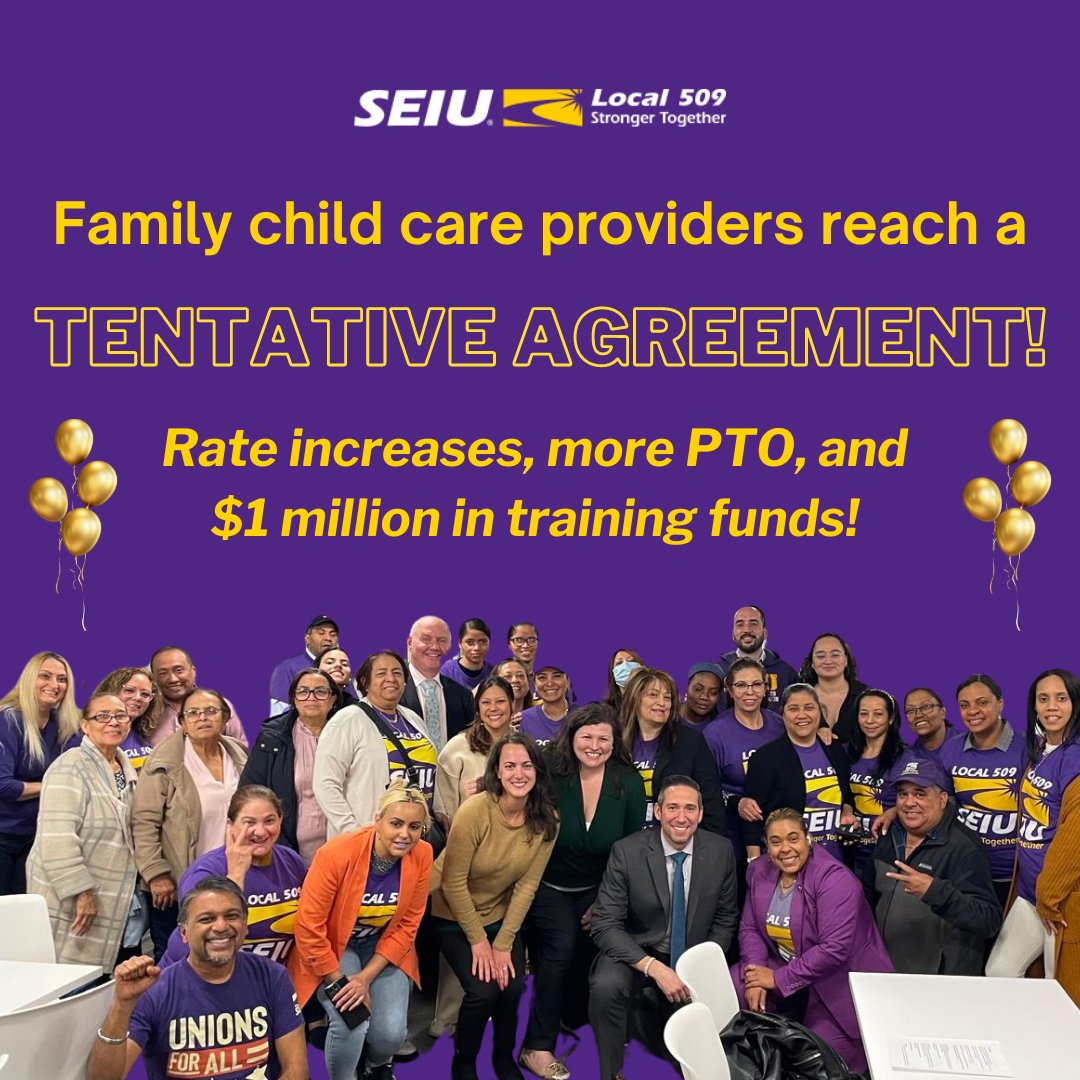 We are excited to announce Local 509 family child care providers reached a tentative agreement on their contract that includes wage increases, more paid time off, and a historic investment in training. When we fight, we win! ✊