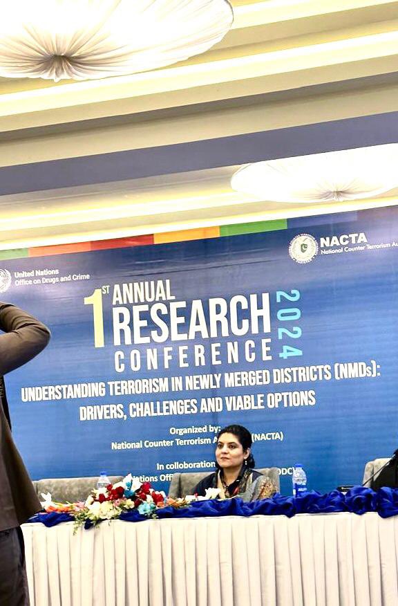 pcsndu's tweet photo. Honourable A/HoD PCS, Prof. Dr. @ArshiHashmi chaired the session at 1st Annual Research Conference 2024 on “Understanding Terrorism in Newly Merged Districts (NMDs)” organized by NACTA in collaboration with the UN office on Drugs and Crimes on April 25, 2024. https://t.co/CxyoJ13afx