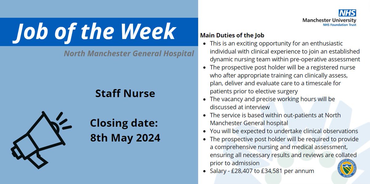 VACANCY: Staff Nurse - North Manchester General Hospital. Come and join #teamNMGH family and help shape a very bright future. jobs.nhs.uk/candidate/joba…