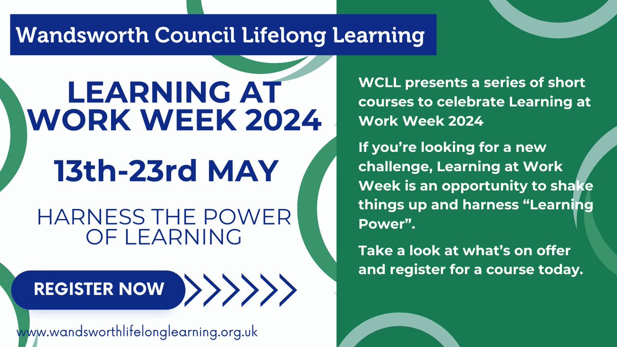 In May, we’re celebrating #LearningAtWorkWeek '24, to highlight the importance of learning in the workplace. If you’re looking to rejuvenate with new skills, click here for info & to register: wandsworthlifelonglearning.org.uk/guide/learning… #FreeCourses, subject to criteria. #WandsworthLifelongLearning