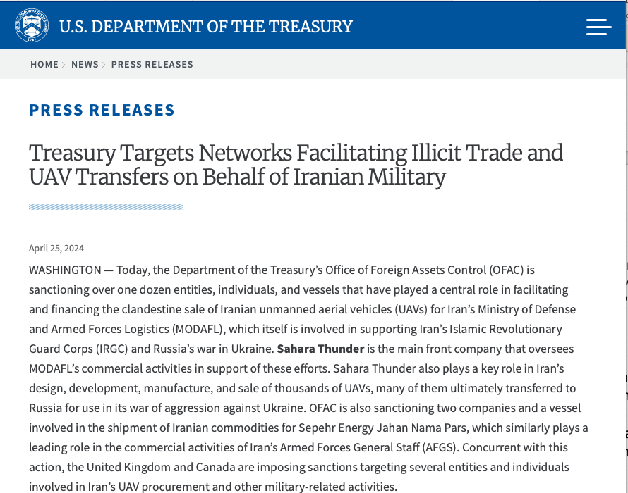 Treasury Targets Networks Facilitating Illicit Trade and UAV Transfers on Behalf of Iranian Military. 'OFAC is sanctioning over one dozen entities, individuals, and vessels that have played a central role in facilitating and financing the clandestine sale of Iranian unmanned…
