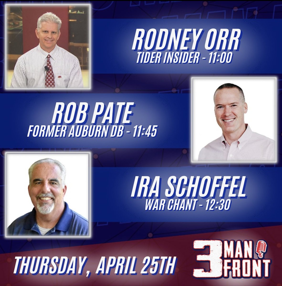 Happy #NFLDraft ! Join us for @3ManFront coming up at ten o'clock on @WJOX945 . 11:00 @TiderInsider 11:45 @robpate 12:30 @IraSchoffel