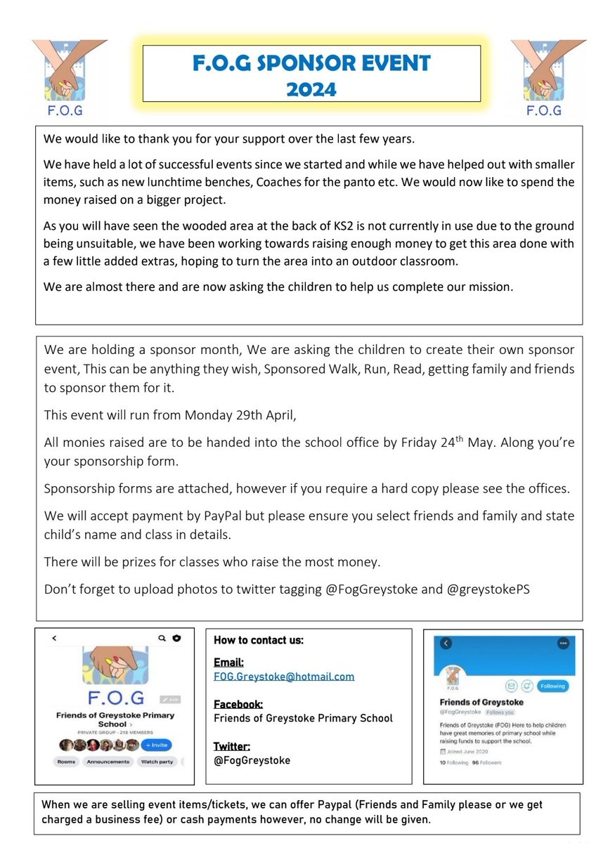 Friends of Greystoke (@foggreystoke) on Twitter photo Help us raise money towards the new outdoor area at Greystokes...
Don't forget to tag us and <a href="/GreystokePS/">Greystoke Primary</a> when children are doing their sponsored event Help us raise money towards the new outdoor area at Greystokes...
Don't forget to tag us and <a href="/GreystokePS/">Greystoke Primary</a> when children are doing their sponsored event