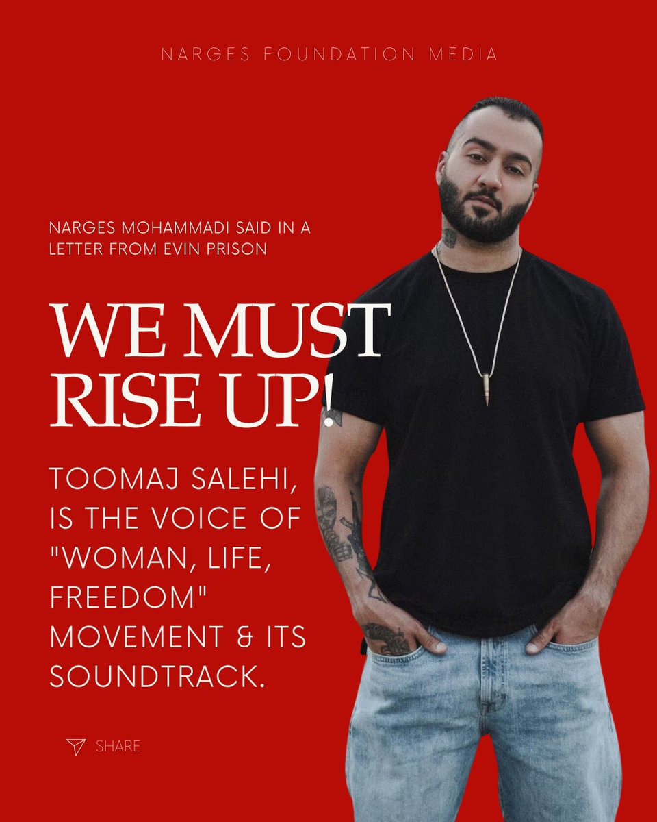 Narges Mohammadi: “ #ToomajSalehi, is the voice of #WomanLifeFreedom’s movement &amp; its soundtrack.

The execution of #Toomaj is the execution of our movement.

WE MUST RISEUP TOGETHER.

Rise Against the execution of Toomaj,
Rise for women,
Rise for life,
Rise for freedom.”