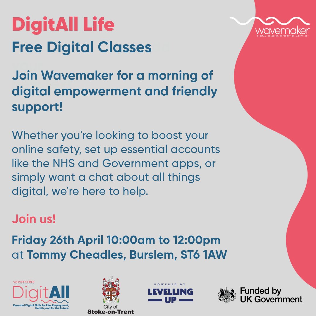 Join us at Tommy Cheadles on Friday, 26th April, for a cosy morning with the Wavemaker team. From 10 am till noon, we'll be your personal tech buddies, ready to help you navigate the digital world. Hope to see you there!
#UKSPF #FixTheDigitalDivide #levellingup