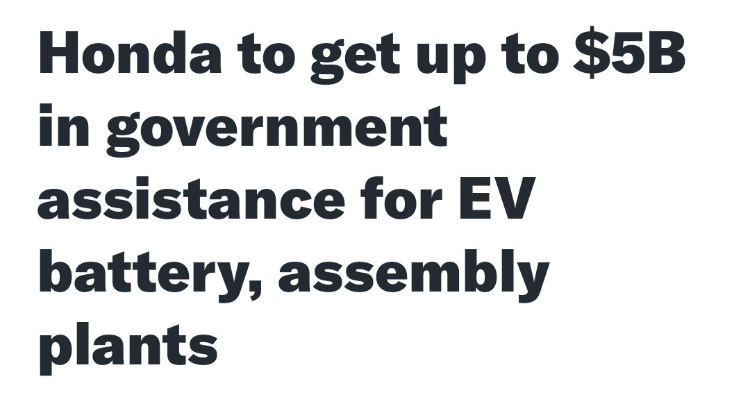 Honda is the latest company to be showered with Canadian tax payer dollars. They will get $2.5B from the federal gov and $2.5B from Ontario for a total of $5B for a $15B investment.

It will create up to 1000 jobs or $5,000,000 per job.

#cdnpoli #cdnecon