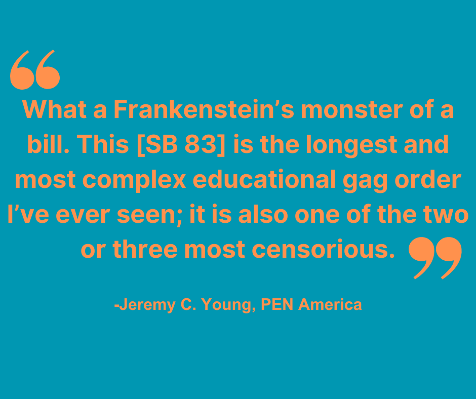 According to @jeremycyoung of @PENamerica, a free speech organization, SB 83 is one of the worst censorship bills in the country. Anyone who claims SB 83 promotes free speech doesn't understand what the bill would actually do or is willfully misleading. #StopSB83 #NoOnSB83