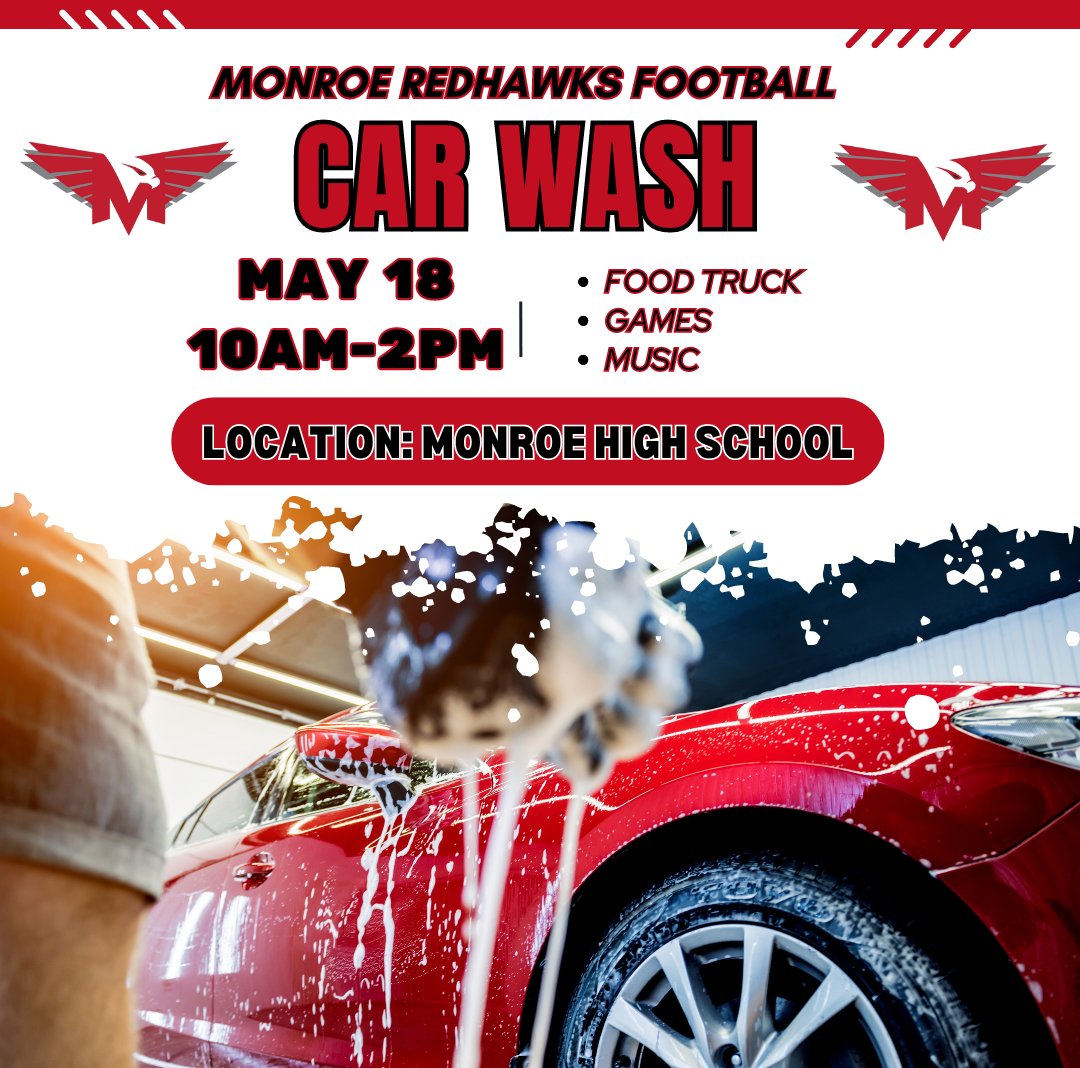 Get ready for a fun-filled day at our annual Car Wash Fundraiser! Enjoy live music and delicious food by our food truck while getting your car sparkling clean! #LeaveNoDoubt @MonroeHSNC @MHS_Redhawks @RedhawkAd