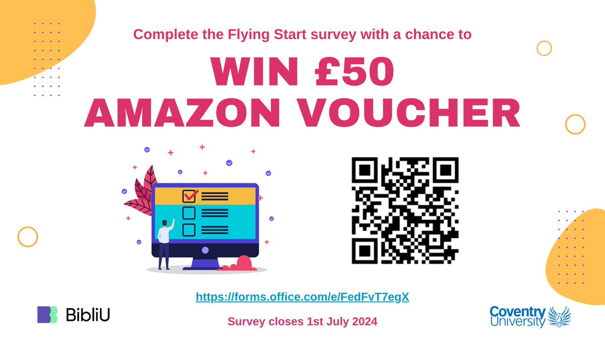 Spare a few minutes & you could win £50 Amazon voucher! Tell us about your experience of Flying Start 👍Scan the QR code or click shorturl.at/desC6 Log in using your Coventry Uni ID and password 📷#CovUniLibrary #LanchesterLibrary #CovUni #CoventryUniversity #CUFlyingStart