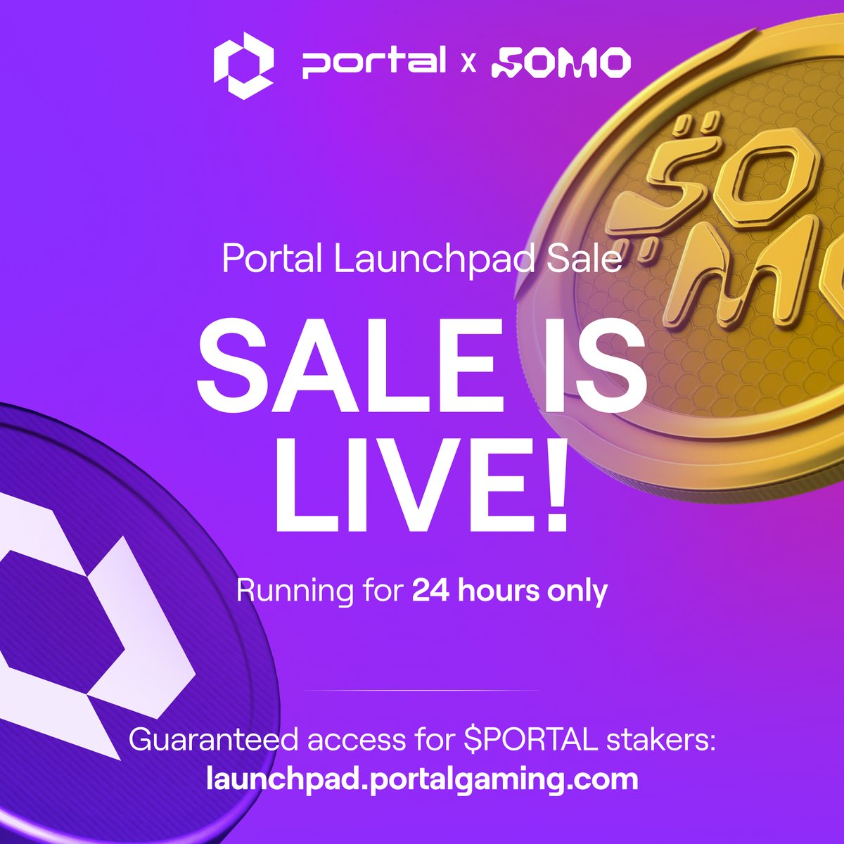 Launchpad sale is live! - $PORTAL stakers have guaranteed access to purchase $SOMO - 24hr sale - Large-ticket purchases exclusive to Launchpad - 5k staking XP needed to participate Site: launchpad.portalgaming.com 1/2