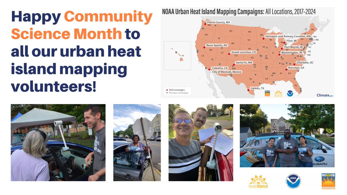 We want to wish a happy #CommunityScience Month to all the wonderful volunteers, local organizations, and more who participate in our urban #heat island mapping campaigns! The work of community scientists is instrumental to understanding heat impacts and building resilience. 🌡️🌇