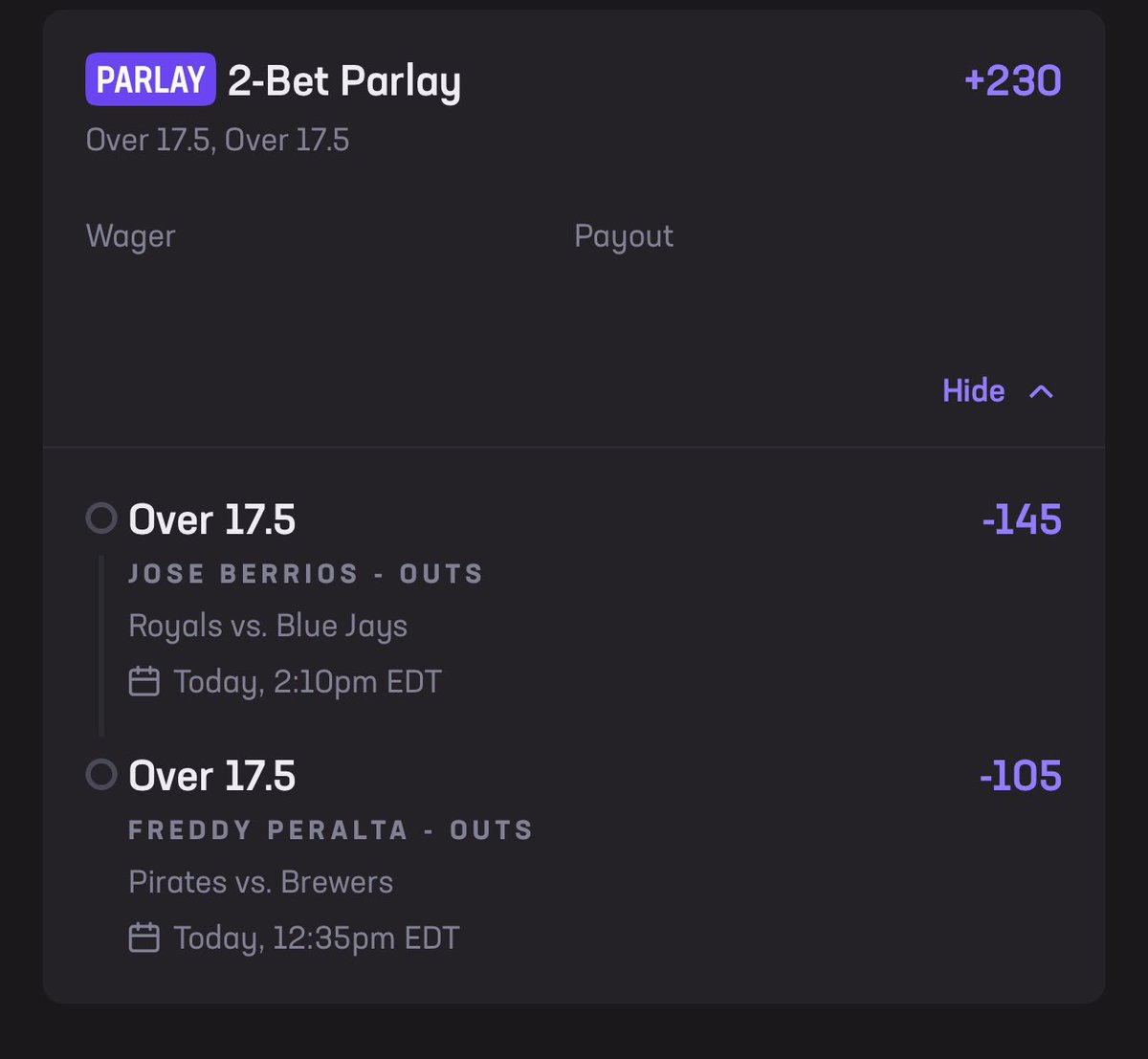 ShepWinsBets's tweet image. 04/25/24 MLB Dingers:

Woods-Richardson “O” 16.5 outs -105
Verlander “U” 6.5 Ks -155
Berrios “O” 17.5 outs -145
Peralta “O” 17.5 outs -105
Soroka “U” 4.5 Ks +105
Gore “O” 15.5 outs -115

We continue our sensational 29-7 MLB run. If you’re not tailing, you’re missing out!
#MLB