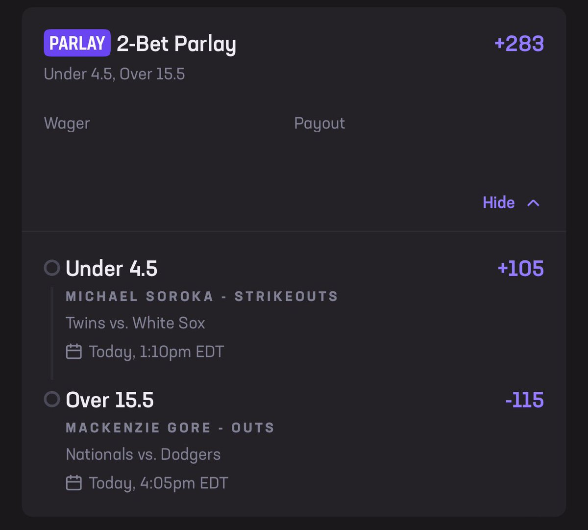 ShepWinsBets's tweet image. 04/25/24 MLB Dingers:

Woods-Richardson “O” 16.5 outs -105
Verlander “U” 6.5 Ks -155
Berrios “O” 17.5 outs -145
Peralta “O” 17.5 outs -105
Soroka “U” 4.5 Ks +105
Gore “O” 15.5 outs -115

We continue our sensational 29-7 MLB run. If you’re not tailing, you’re missing out!
#MLB