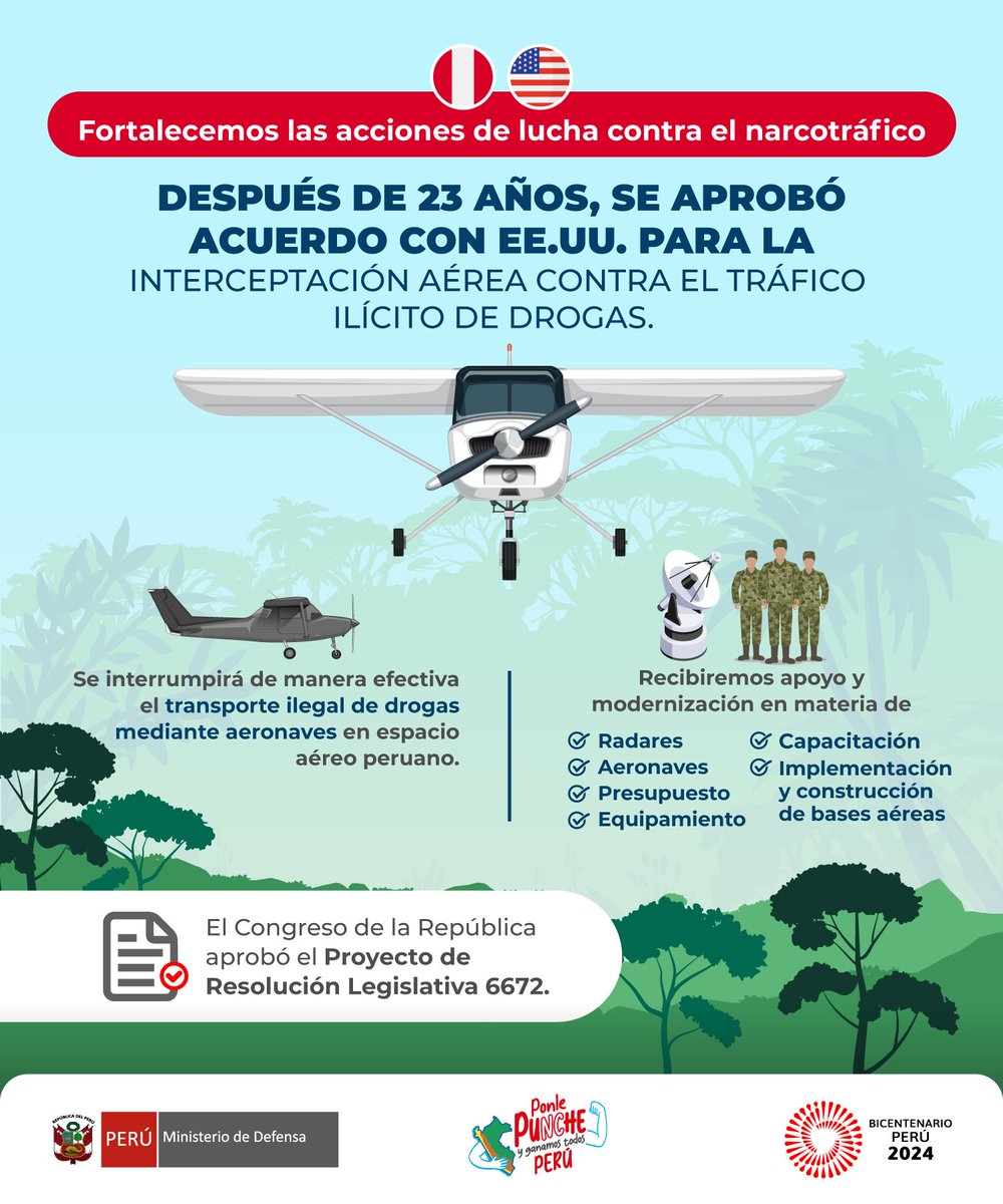 MindefPeru's tweet photo. 🤝 El objetivo del acuerdo entre Perú y EE.UU., para combatir el tráfico ilícito de drogas a través de interceptaciones aéreas, es interrumpir el puente aéreo del narcotráfico.🛫🚫 https://t.co/SnJBdFzphR