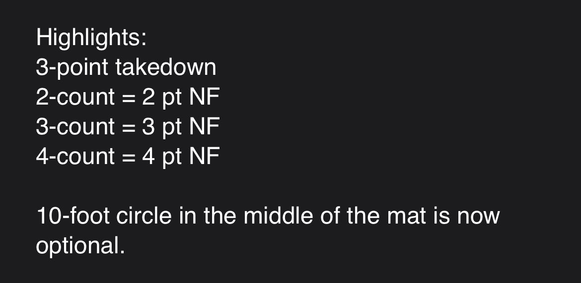 For the upcoming wrestling season 2024-25 NFHS has approved the following wrestling rule changes. One other highlight not listed below is 1 point of contact for either wrestler is considered inbounds
<a href="/NEUSAWrestling/">NE USA Wrestling</a> <a href="/NEBwrestle/">NEwrestle</a> 
See <a href="/NFHS_Org/">NFHS</a> website for further information.
