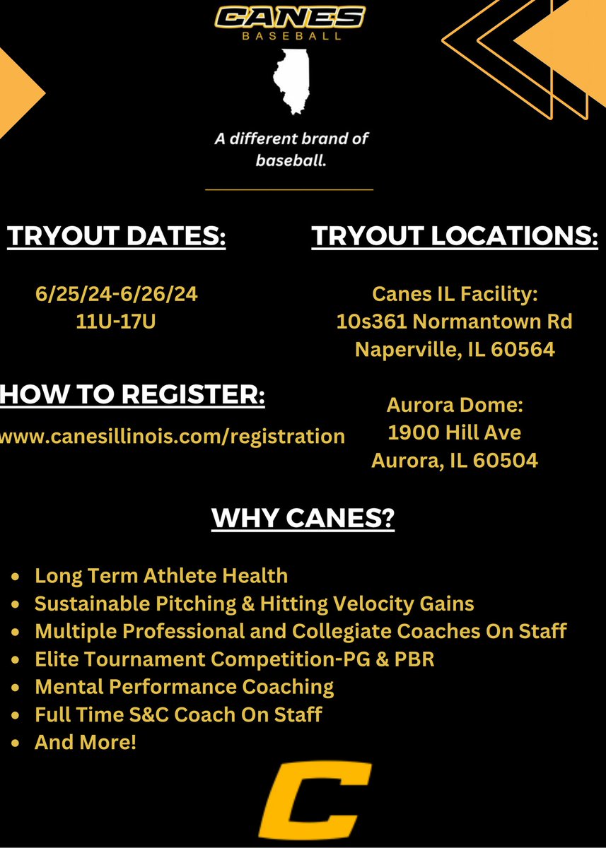 Come join Canes Illinois for the upcoming 2025 season!

Where we are anti-daddy ball, pro arm health and protection, have multiple professional ball players on the pitching and hitting staffs, a mental performance coach and a S&amp;C coach for our athletes development!