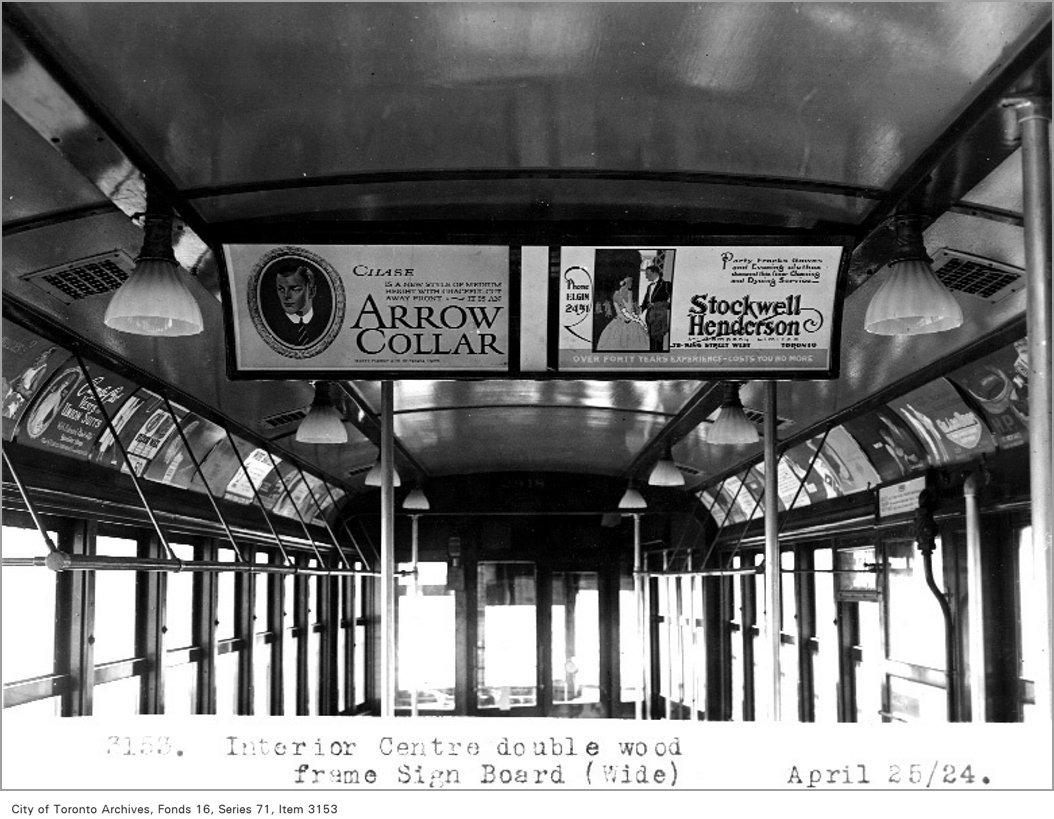 A wood frame double sign board for ads, inside a TTC 'Peter Witt' streetcar. Photo taken by Alfred Pearson #OnThisDay 100 years ago, Apr. 25, 1924.

#OTD #1920s #TTC #streetcar #transit #peterwitt #ads #historylovers #torontohistory #tdot #the6ix #toronto #canada #hopkindesign