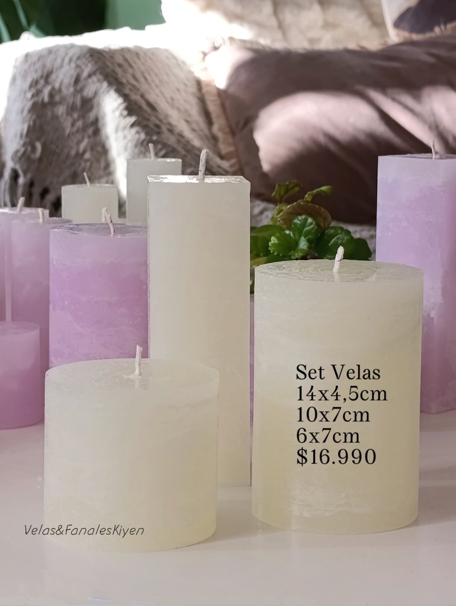 Trío de velas medianas disponibles en crema y lavanda, se puede hacer en el color que necesites. Todas aromáticas.