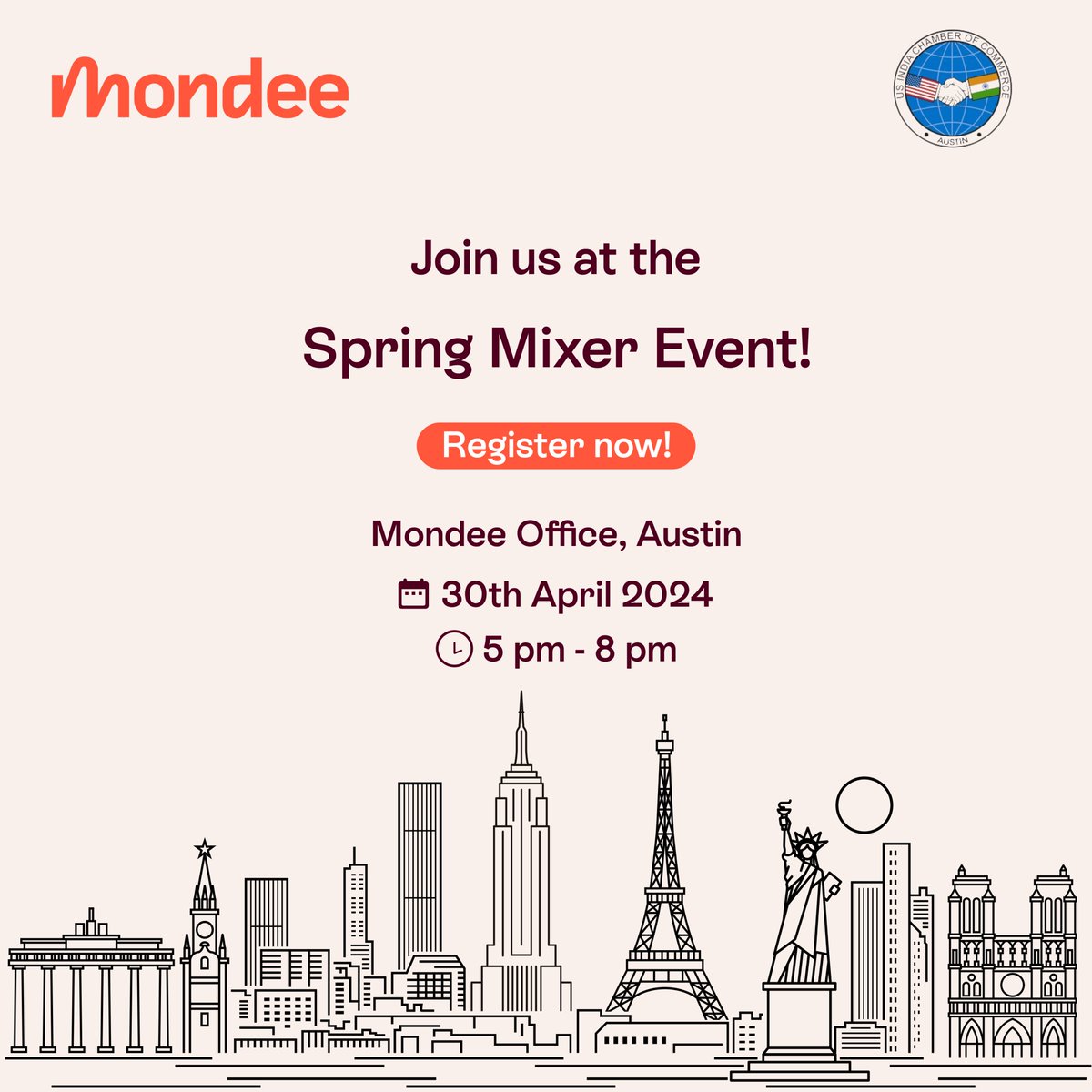 Mondee invites you to an exclusive networking event 'Spring Mixer Event. Meet professionals and other dignitaries under one roof to connect, collaborate and exchange ideas. 

Register here to book your spot: lnkd.in/gvyHCjw3 

Mark the date: 30th April 
Time: 5 pm - 8 pm