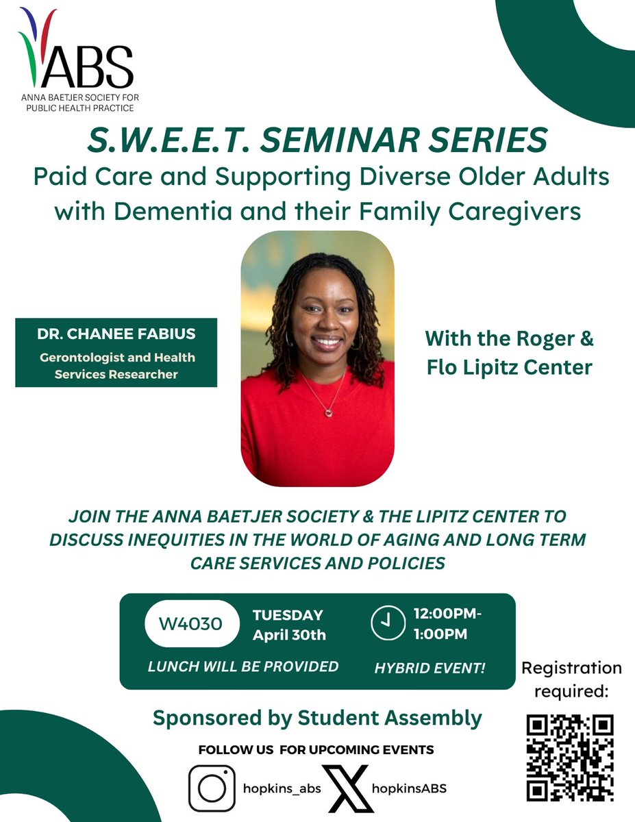 Join Lipitz Center, partnering with the Anna Baetjer Society, for the S.W.E.E.T. Seminar entitled 'Paid Care and Supporting Diverse Older Adults with Dementia and their Family Caregivers,' ft. @ChaneeFabius, PhD