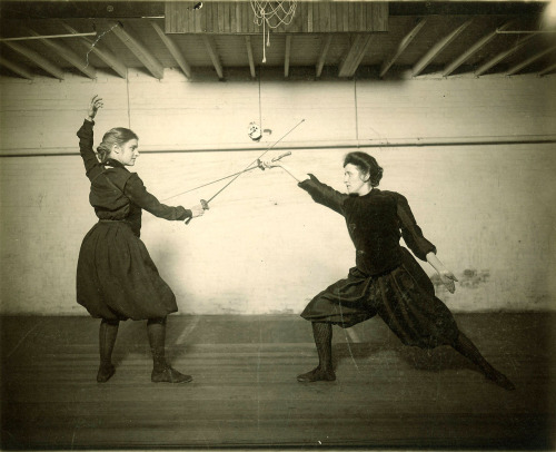 Women fencing in the University of Iowa. Photographed the 22nd November 1890. University Reporter in the Frederick Kent Collection of Photographs, University of Iowa Archives.