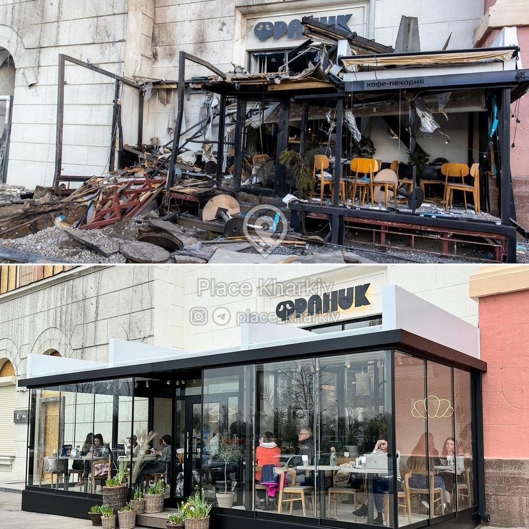 This is 'Франик,' a Kharkiv cafe after a December 30th bombing and two months later when it reopened. Ukrainian businesses persevere not because war is easy, but to employ people, pay taxes, and bolster the local economy. We keep working because that's how we keep living.