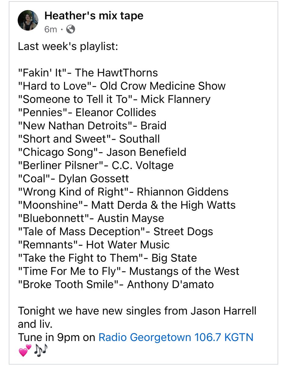 Last week feat: @TheHawtThorns, @crowmedicine, @MickFlannery, @eleanorcollides, @braidcentral, @jasonbenefield, @dylangossett, @RhiannonGiddens, @MattDerdaMusic, @AustinMayse, @streetdogsband, @HotWaterMusic, @BigStateBand, @MustangsWest, @anthdamatomusic & more. @KGTNGeorgetown